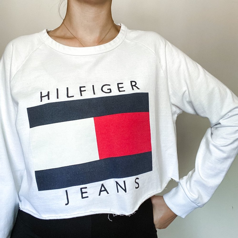 Hilfiger Jeans Women’s L White Long Sleeve Crop Top with Raw Edge
